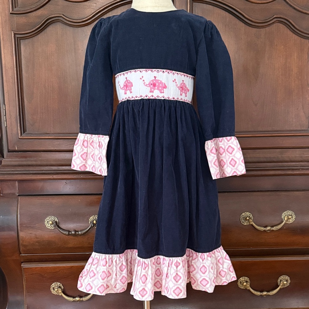 Shrimp & Grits Kids Smocked Elephant Dress Girls Size 6 Navy Pink Long Sleeve